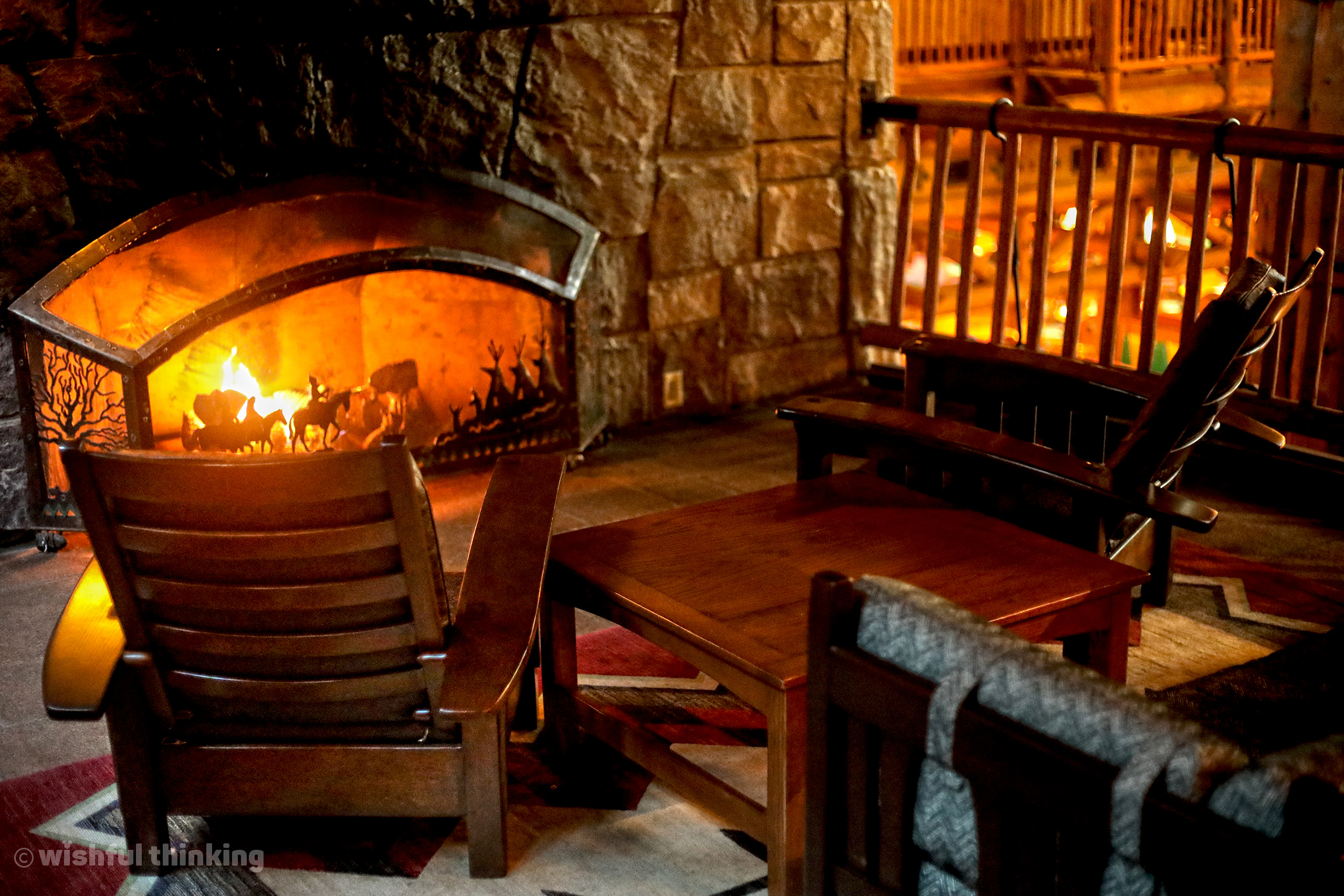 Cozy fireplace at Walt Disney World's Wilderness Lodge
