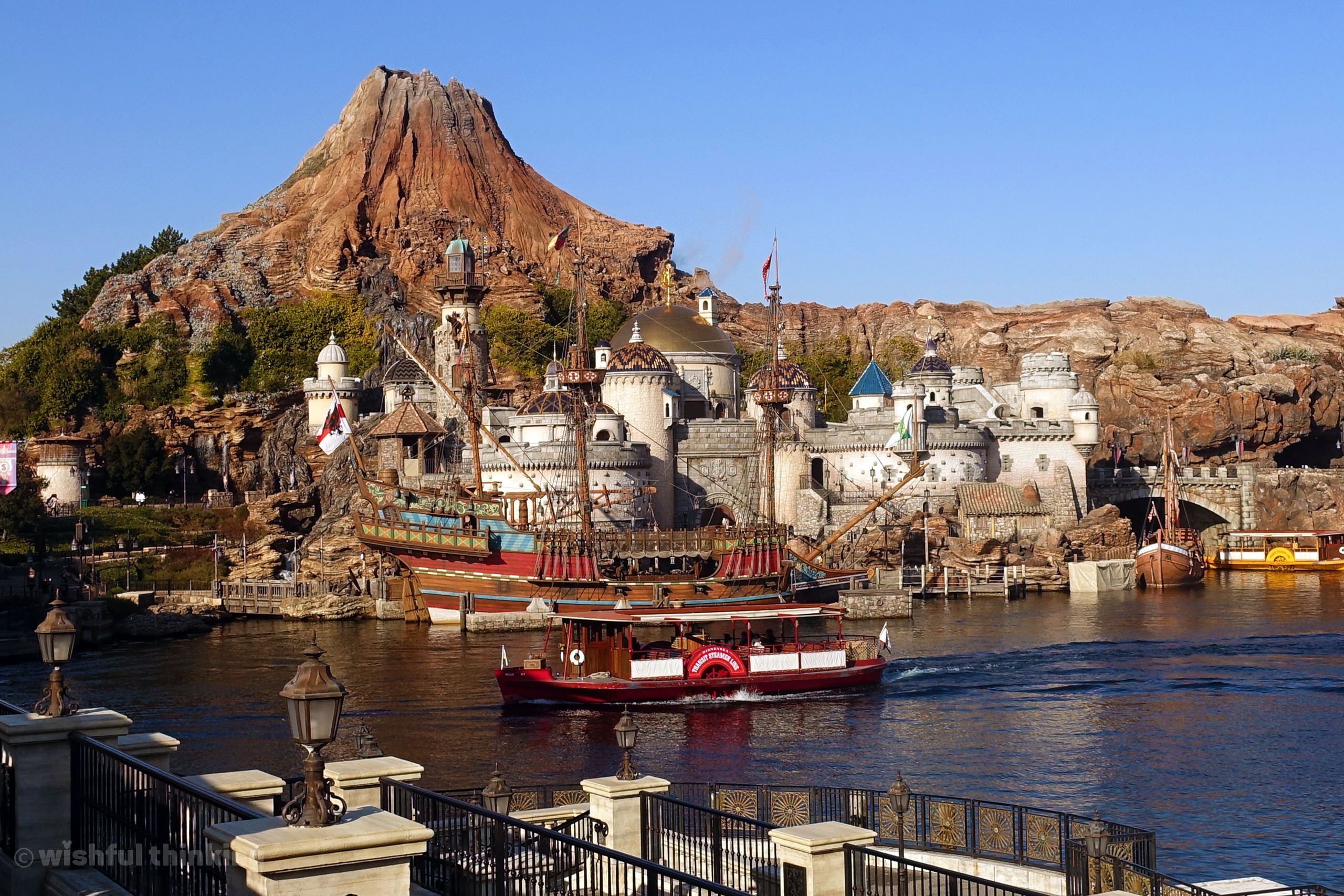 Mount Prometheus at Tokyo DisneySea beckons guests to come explore a sailing ship galleon and the Fortress Explorations within a volcano at Tokyo Disney Resort in Chiba Prefecture, Japan