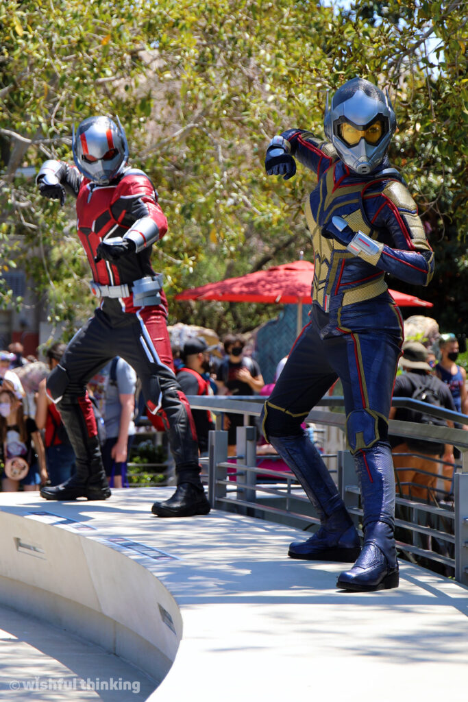 Ant-Man and the Wasp pose for guests at Disney's Avengers Campus in Anaheim, California