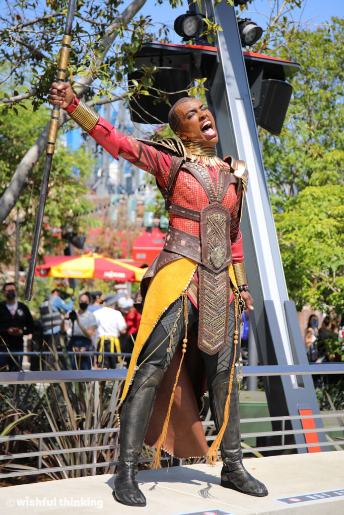 Okoye and the Dora Milaje lead a training chant at the Avengers Campus in Disney California Adventure