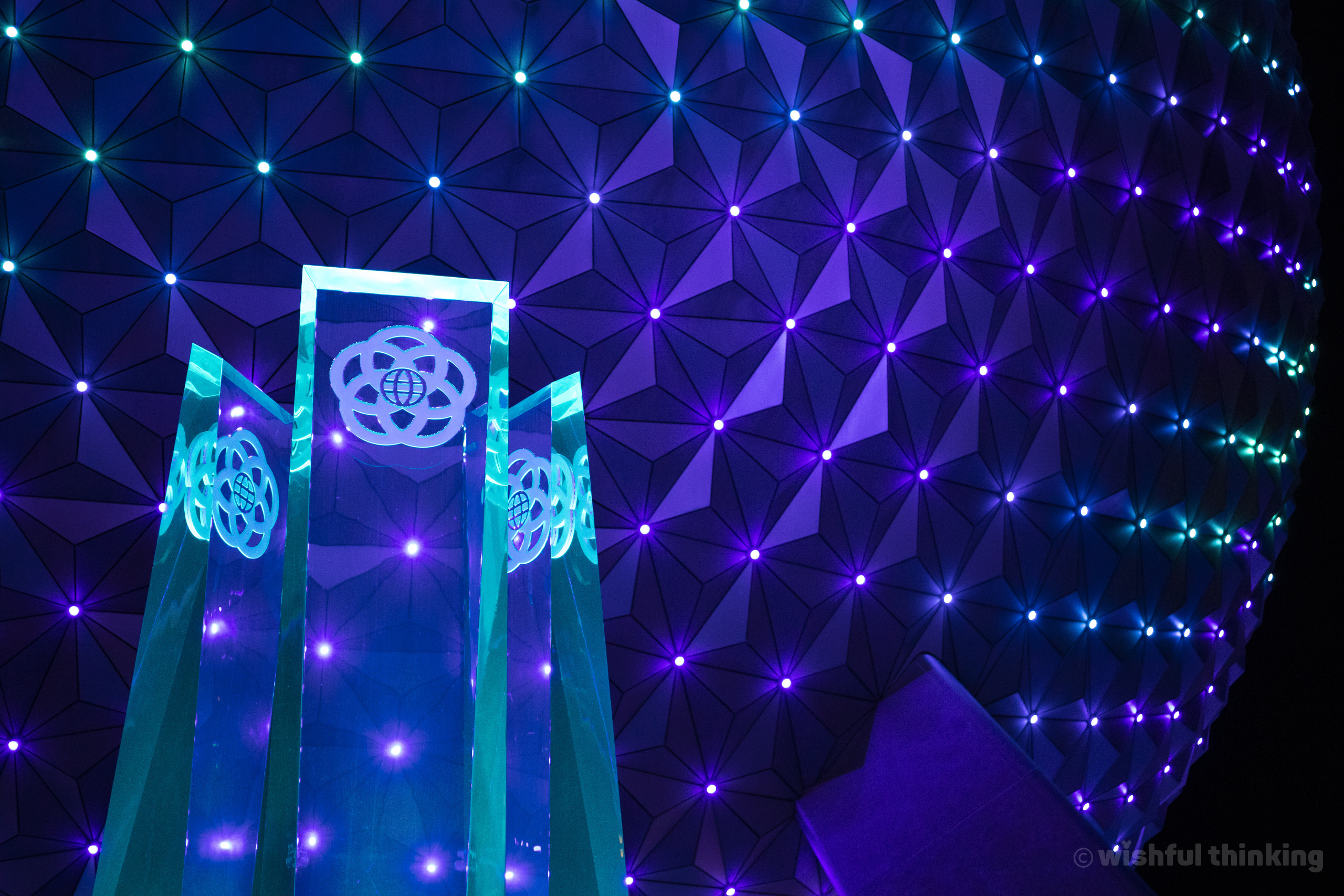 Spaceship Earth at EPCOT is illuminated in new sparkling lights for the resort's 50th Anniversary Celebration, the Most Magical Place on Earth