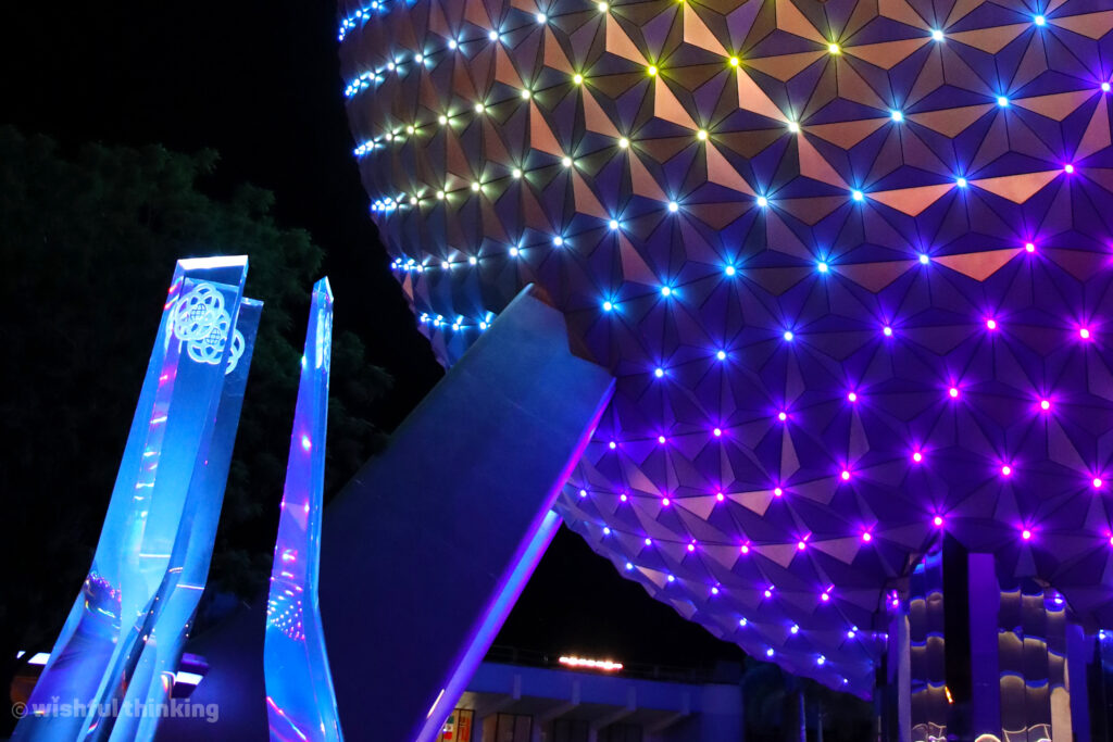 The spectacular colors of Spaceship Earth, illuminated for Walt Disney World's 50th Anniversary Celebration