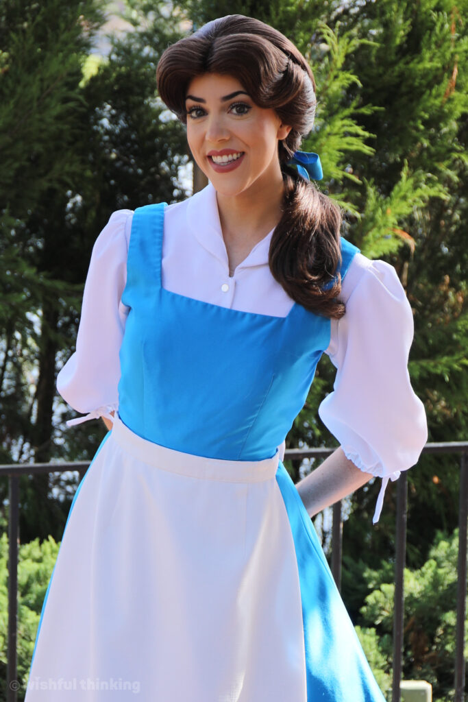 Belle from Beauty and the Beast greets guests at EPCOT's France Pavilion in the World Showcase at Walt Disney World, Orlando, Florida