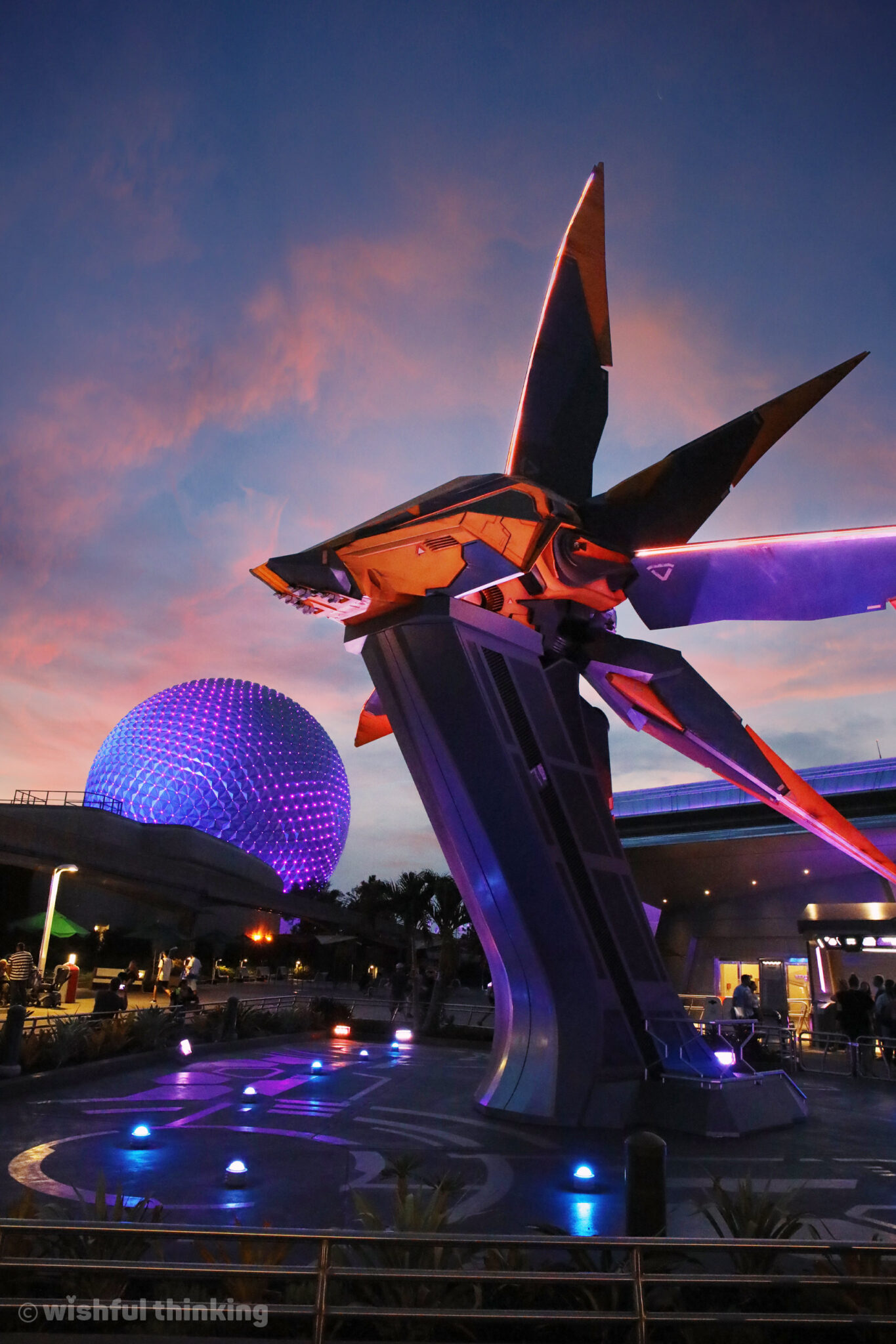 Guardians of the Galaxy Cosmic Rewind glows at night at Walt Disney World's EPCOT Center