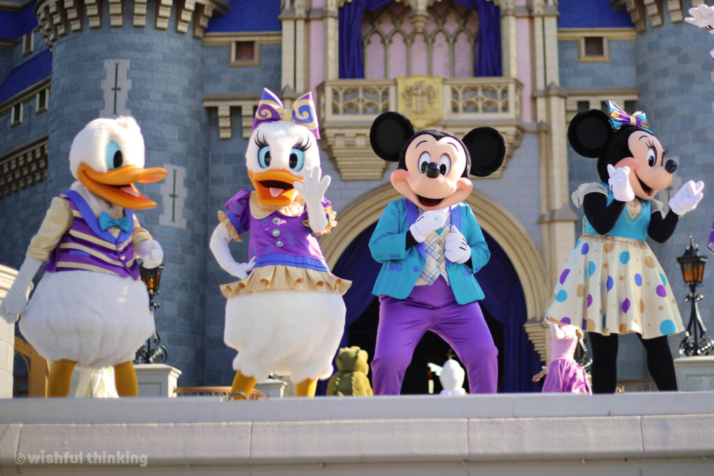 Let the Magic Begin opens the Magic Kingdom Park at Walt Disney World with Cinderella Castle stage show appearances by Donald Duck, Daisy Duck, Mickey Mouse and Minnie Mouse