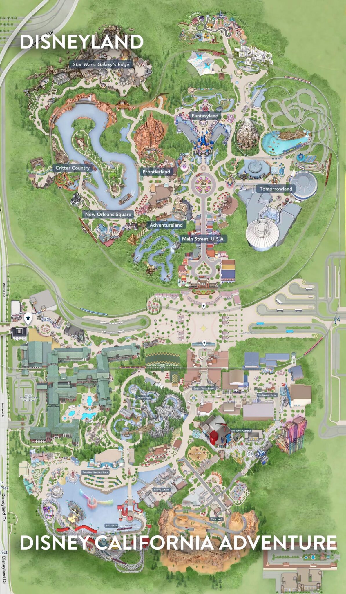 Disneyland and Disney California Adventure Theme Parks aerial map