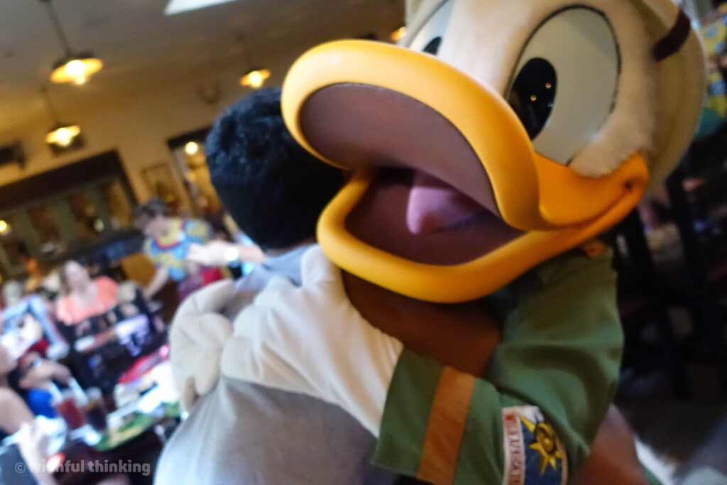A big hug with Donald Duck at Tusker House restaurant at Disney's Animal Kingdom theme park in Walt Disney World