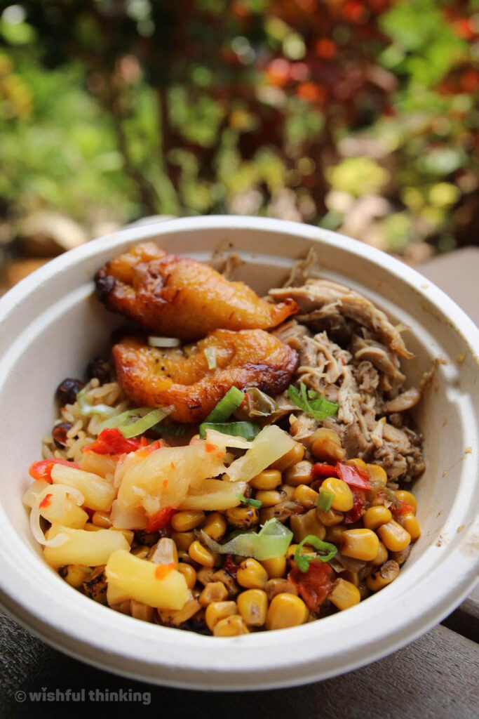 Caribbean jerk rice bowl with shrimp or chicken is a tasty lunch at Disney's Tyhpoon Lagoon Water Park