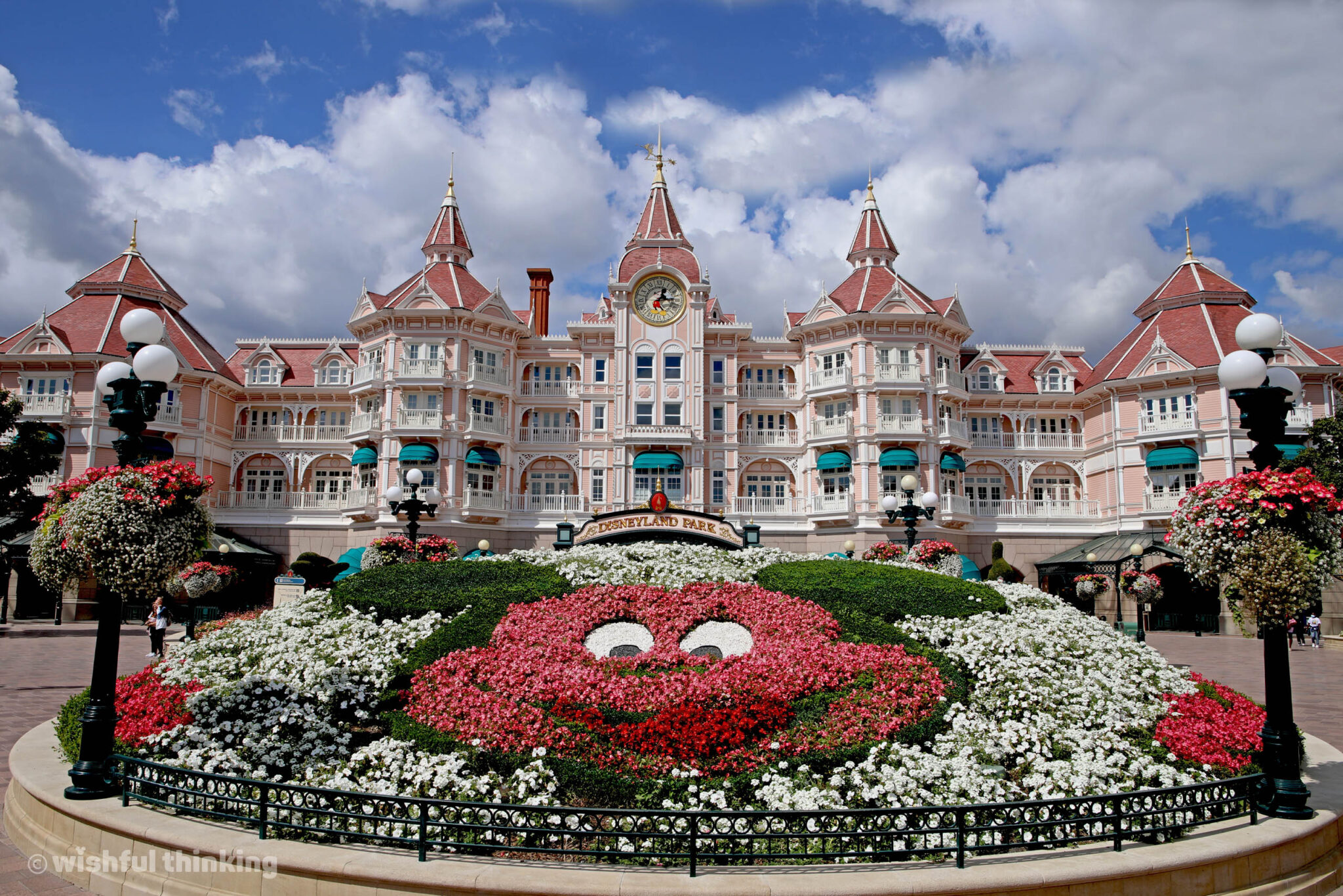 The stunning Disneyland Paris hotel facade welcomes guests to enter Parc Disneyland at Marne-la-Valée, France.