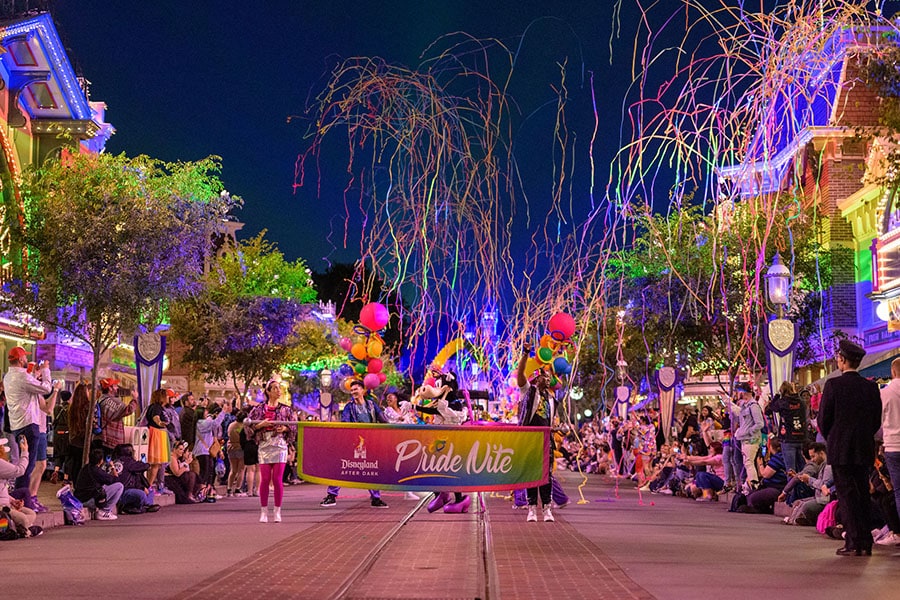 The Disneyland After Dark Pride Nite character cavalcade parades down Main Street USA in Disneyland Park, June 2023
